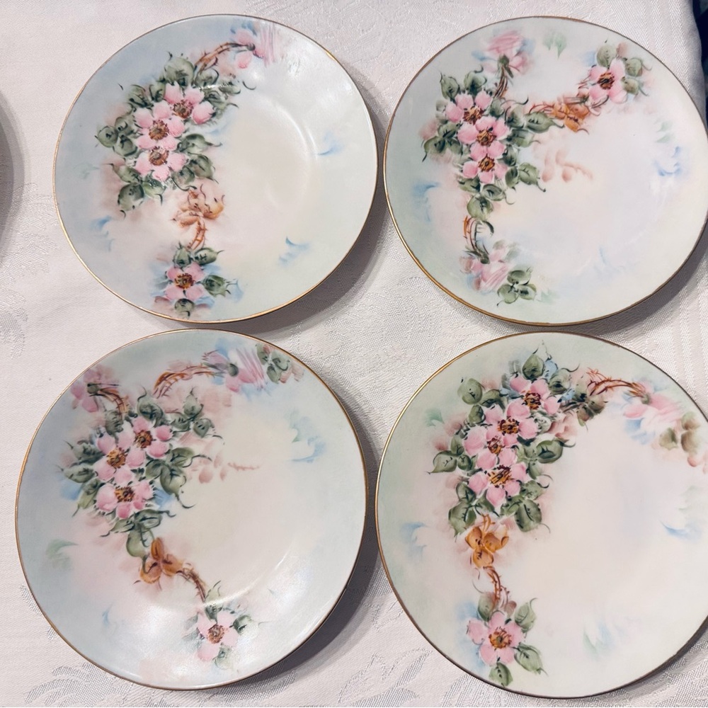 Vintage Floral Dessert Plates - Pink and Green Flower Pattern (Set of 4)